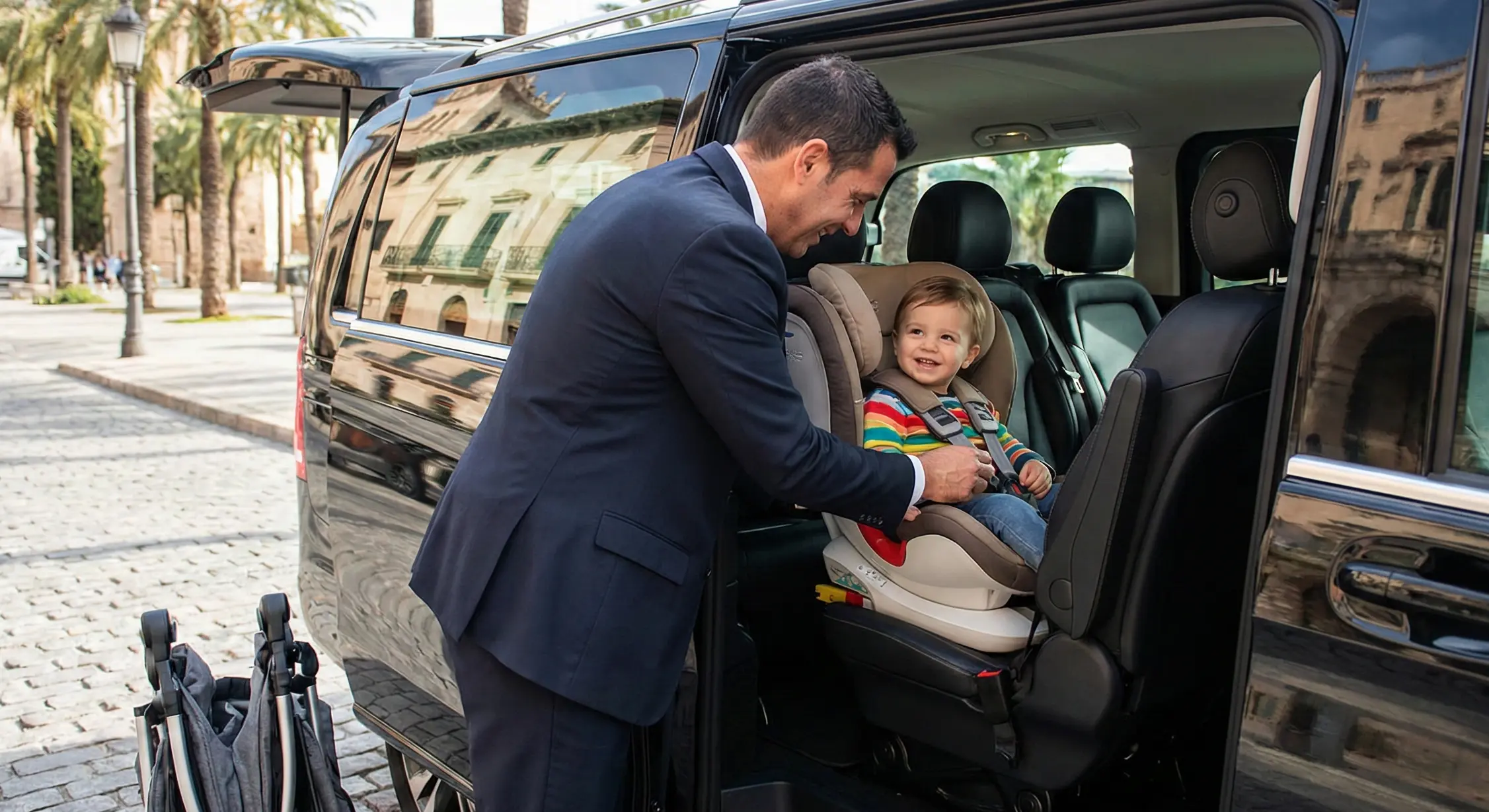 Familia con equipaje usando un transfer privado en Mallorca