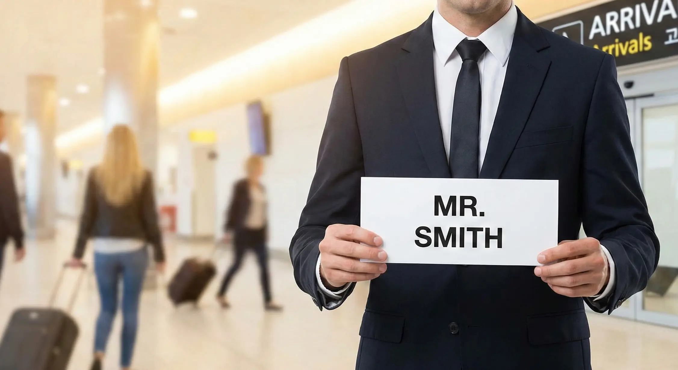 Conductor esperant a l’aeroport amb un cartell amb el nom