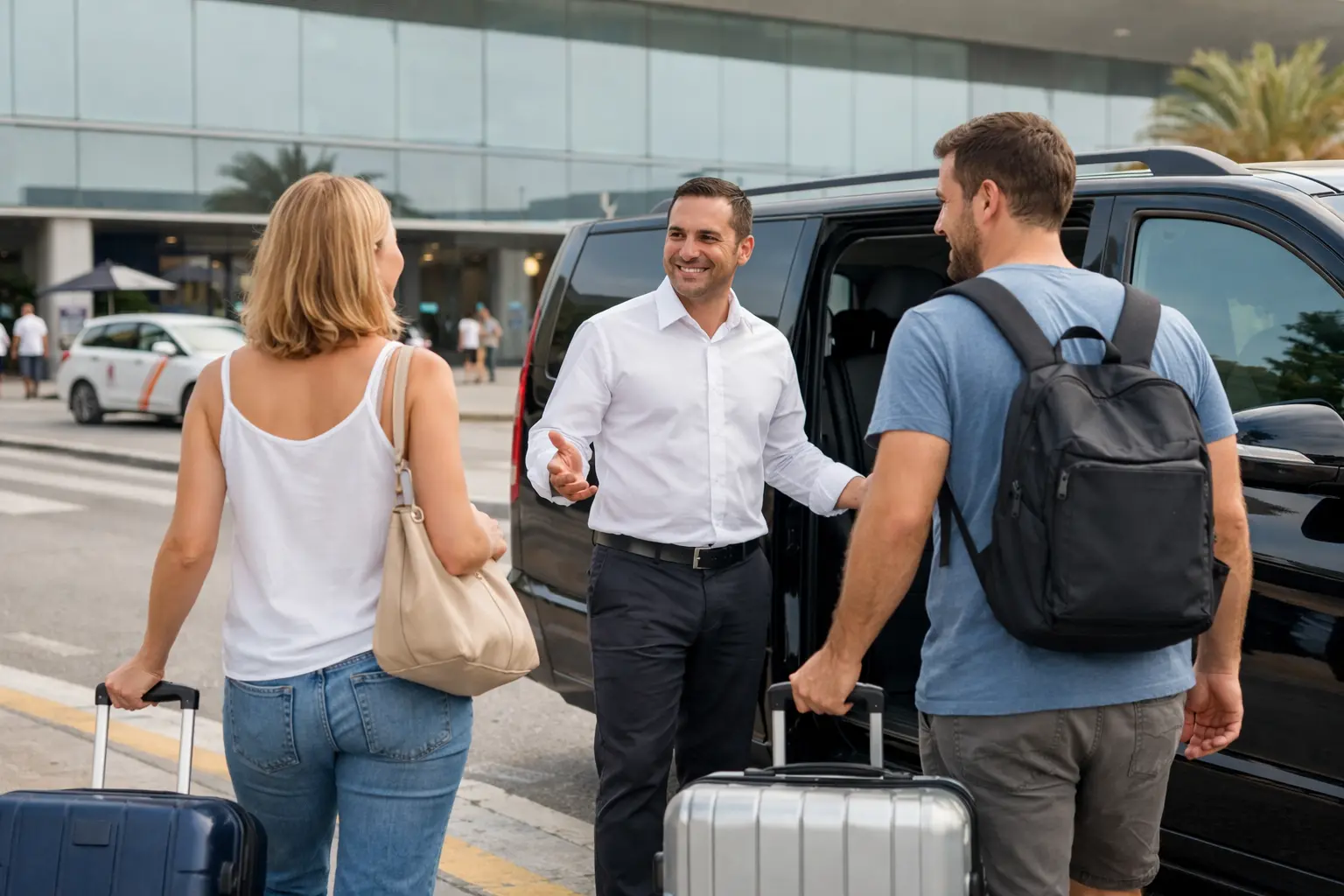 Paar mit Koffern am Flughafen trifft auf seinen Transfer